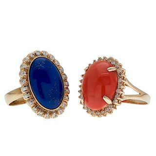 Coral and Lapis Rings with Diamonds in 14 Karat Yellow Gold