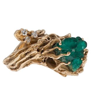 Natural Form Emerald Crystal Ring in 14 Karat Gold with Diamonds