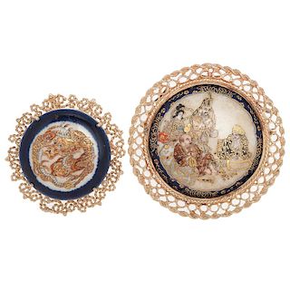 Enameled Brooches with Oriental Themes in 14 Karat Yellow Gold