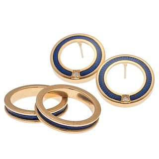 Guilloche Enamel Stack Rings with Matching Earrings in 18 Karat Yellow Gold