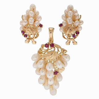 S.J. Lau Pearl and Ruby Earrings and Pendant Set