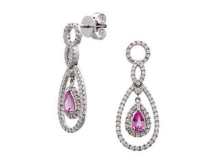 Pink Sapphire And Diamond Double Teardrop Earrings With Open Circle Post In 14k White Gold (6x4mm)