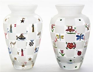 A Pair of Enameled Glass Vases, Height 8 1/2 inches.