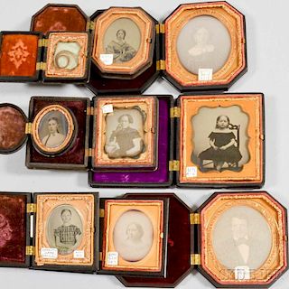 Nine Daguerreotypes and Ambrotypes in Thermoplastic Cases