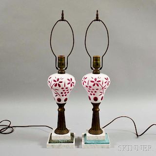 Pair of White Cut-to-pink Glass Fluid Lamps