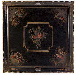 * An English Black Lacquered and Transfer Decorated Chinoiserie Tray, Height 27 x width 27 inches.