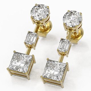 3.5 ctw Princess Cut Diamond Designer Earrings 18K Yellow Gold