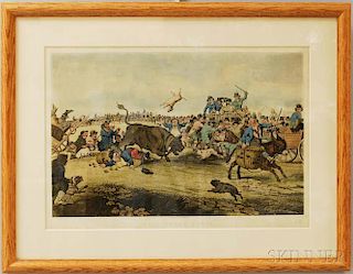 Framed Hand-colored Lithograph Bull Broke Loose.