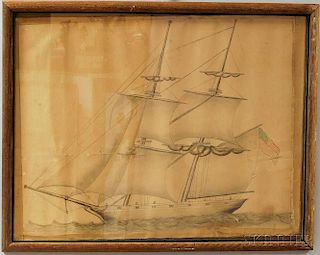 Framed Colored Pencil on Paper Portrait of an American Sailing Vessel