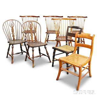 Six Reproduction Windsor Chairs and Two Caned Chairs.