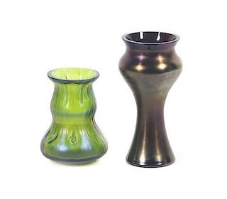 Two American Iridescent Glass Vases, Height of taller 5 1/2 inches.