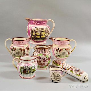 Seven Staffordshire Pink Lustre Transfer-decorated Table Items