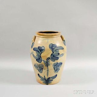 Large Cobalt Floral-decorated Stoneware Jar