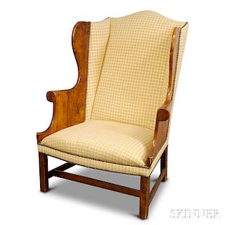 Country Upholstered Maple Wing Chair with Exposed Arms and Sides