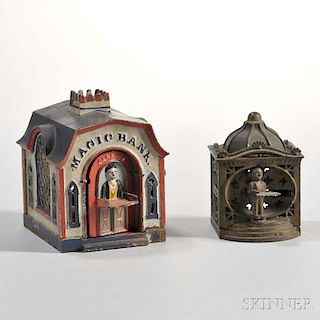 Two Architectural Cast Iron Mechanical Banks