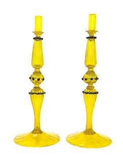 * A Pair of Venetian Glass Candlesticks, Height 10 inches.