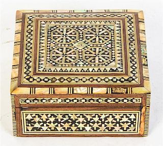 * A Mother of Pearl Inlaid Mahogany Box, Height 2 1/4 x width 4 7/8 x depth 4 7/8 inches.