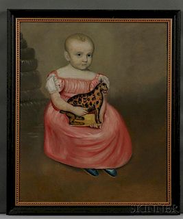 American School, Early 19th Century      Portrait of a Child in a Pink Dress and Blue Shoes Holding a Leopard Toy