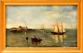 American School, 19th Century       Harbor Scene with Ships and a Lighthouse.