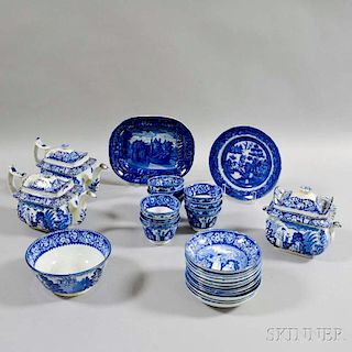Thirty-piece Assembled Blue and White Transfer-decorated Tea Set