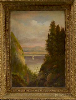 Hudson River Valley School, 19th Century       River Scene with a Sailboat.