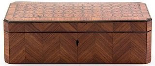 * A French Parquetry Glove Box, Height 3 1/8 x width 10 3/8 x depth 3 1/8 inches.