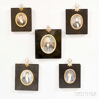 Five Framed Portrait Miniatures of Gentlemen