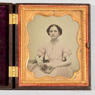 Sixth-plate Ambrotype of a Woman Holding a Daguerreotype