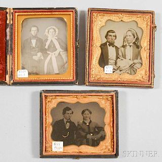 Two Cased Sixth-plate Ambrotypes and a Daguerreotype of Husbands and Wives.