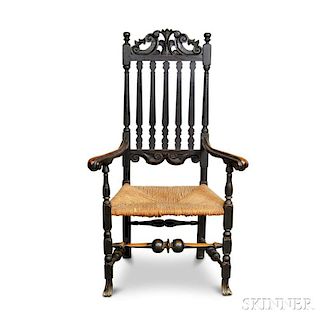 Black-painted and Carved Banister-back Armchair
