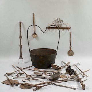 Approximately Twenty-five Wrought Iron Utensils and Accessories and a Pot.