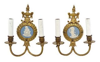 A Pair of Jasperware Mounted Gilt Bronze Two-Light Sconces, Height 11 inches.