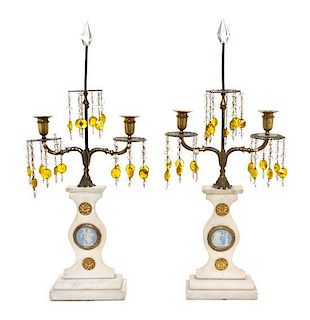 A Pair of Jasperware Inset Gilt Bronze and Alabaster Two-Light Candelabra, Height 23 3/4 inches.