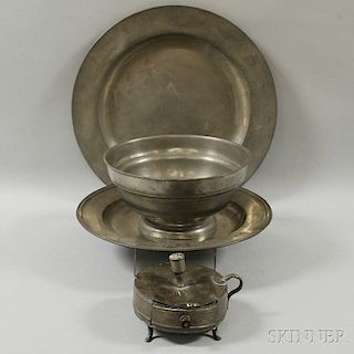 Two Pewter Chargers, a Bowl, and a Chamberstick