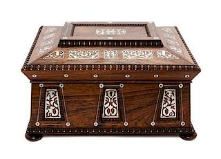 A Regency Mother-of-Pearl Inlaid Rosewood Sewing Box, Height 5 3/4 x width 13 1/2 x depth 10 inches.