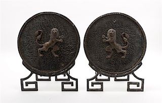 A Pair of Bronze and Iron Table Ornaments or Chenets, LATE 20TH CENTURY, Height 16 1/4 inches.