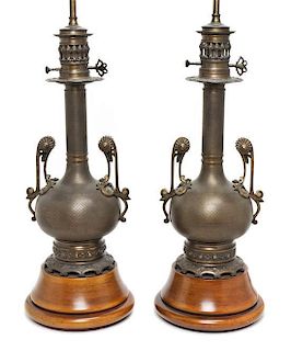 A Pair of Continental Cast Metal Vases, Height 14 7/8 inches.