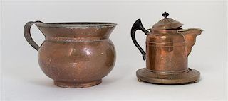 Two Copper Articles, Height of pitcher 6 1/2 x diameter 8 3/4 inches.