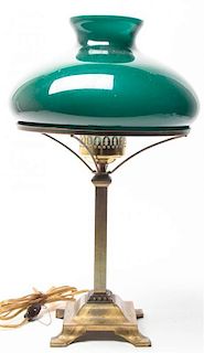 * An Edward Miller & Co. Metal Student Lamp, Height overall 19 1/4 inches x diameter of shade 10 1/2 inches.