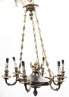 An Empire Style Tole and Brass Six-Light Chandelier, Diameter 21 inches.