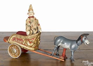 Rare Schoenhut clown and burro chariot pull toy, the clown with a two-piece head