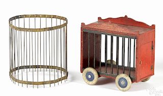 Schoenhut circus cage wagon, 10'' h., 9 3/4'' w., together with a round wire cage.