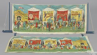 Schoenhut Humpty Dumpty circus sideshow banners, to include two canvas panels