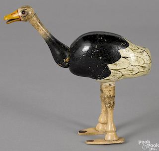 Schoenhut painted ostrich with glass eyes, an open mouth, and painted tail feathers, 7 3/4'' h.