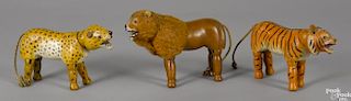 Three Schoenhut painted wood animals with glass eyes, to include a leopard, 7 1/2'' l.