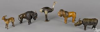 Five Schoenhut painted wood animals with painted eyes, to include a buffalo, 7 1/2'' l.