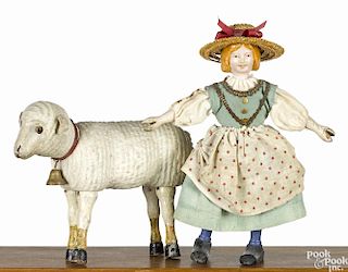 Schoenhut painted wood Mary and her lamb figures, Mary with a one-part head, 8'' h.