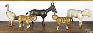 Five Schoenhut painted wood animals with painted eyes, to include a burro, 8'' l., a bulldog, 6'' l.