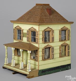 Large doll house, ca. 1900, two stories, with glass panes and shuttered windows, 36'' h., 27'' w.