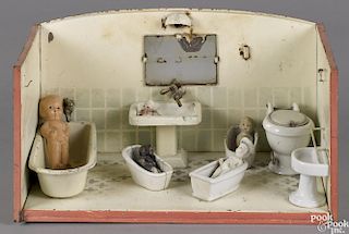 German painted tin bathroom, with a porcelain tub and sink, along with a tin toilet, sink and tub